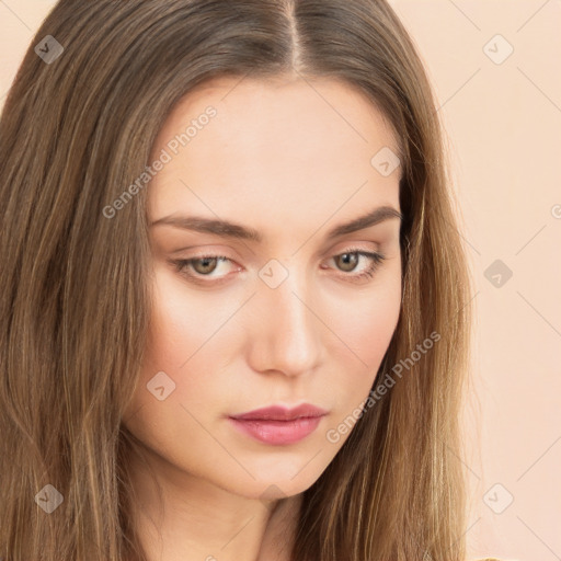 Neutral white young-adult female with long  brown hair and brown eyes