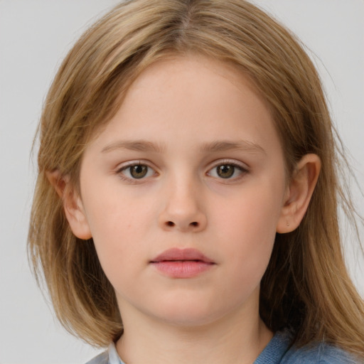 Neutral white child female with medium  brown hair and blue eyes