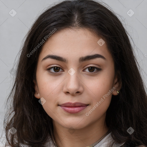 Neutral white young-adult female with long  brown hair and brown eyes