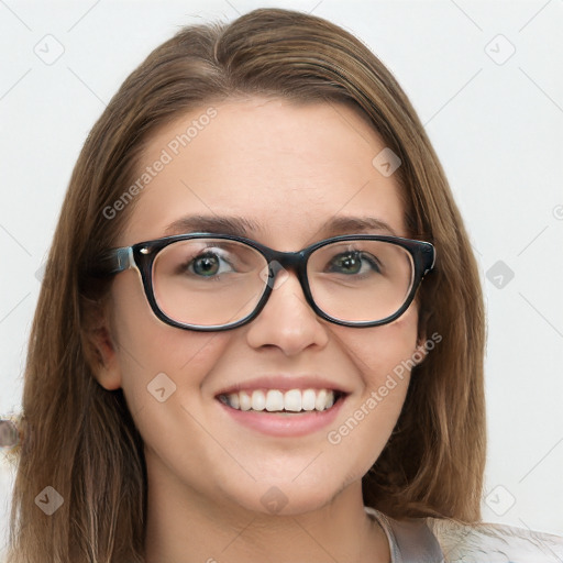 Joyful white young-adult female with long  brown hair and blue eyes