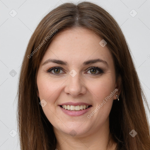 Joyful white young-adult female with long  brown hair and brown eyes