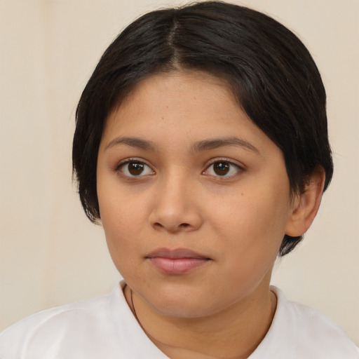Neutral asian young-adult female with medium  brown hair and brown eyes