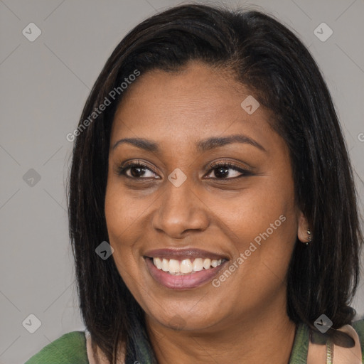 Joyful asian young-adult female with long  brown hair and brown eyes