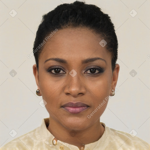 Joyful black young-adult female with short  black hair and brown eyes