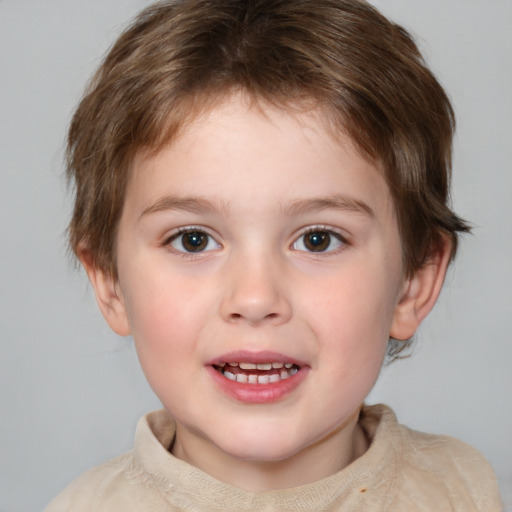 Joyful white child female with medium  brown hair and brown eyes