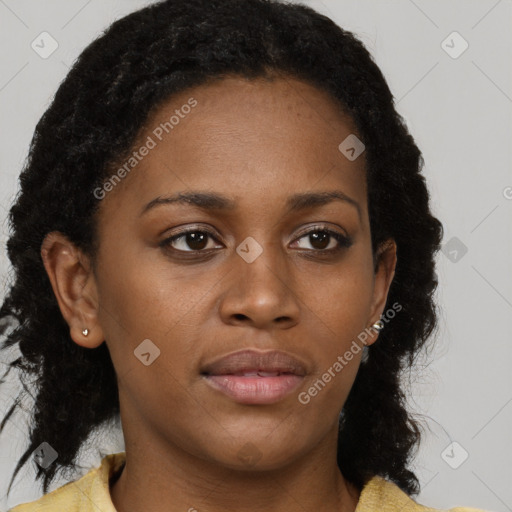 Neutral black young-adult female with medium  brown hair and brown eyes