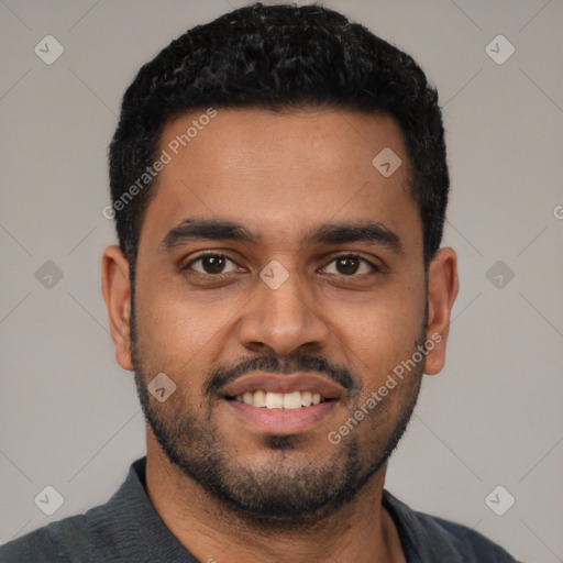 Joyful latino young-adult male with short  black hair and brown eyes