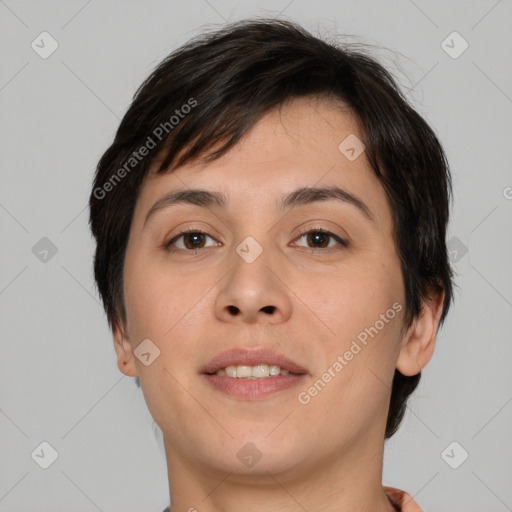 Joyful white young-adult female with short  brown hair and brown eyes