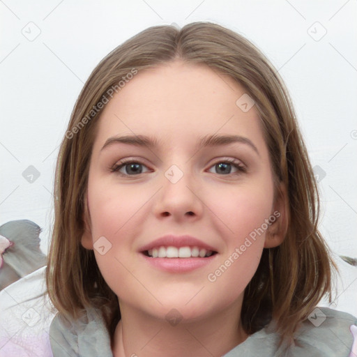 Joyful white child female with medium  brown hair and grey eyes