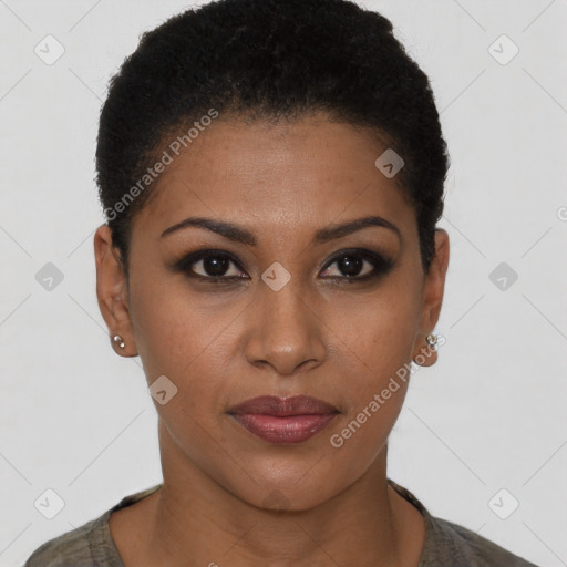 Joyful black young-adult female with short  brown hair and brown eyes