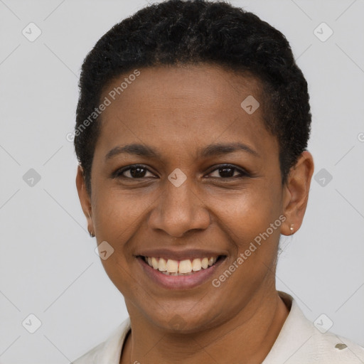 Joyful latino young-adult female with short  black hair and brown eyes