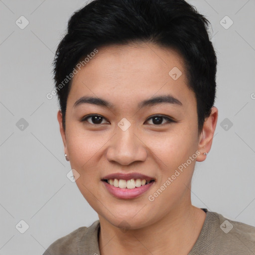 Joyful asian young-adult female with short  black hair and brown eyes