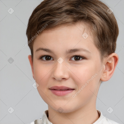 Joyful white child female with short  brown hair and brown eyes