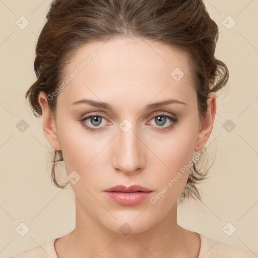 Neutral white young-adult female with medium  brown hair and green eyes