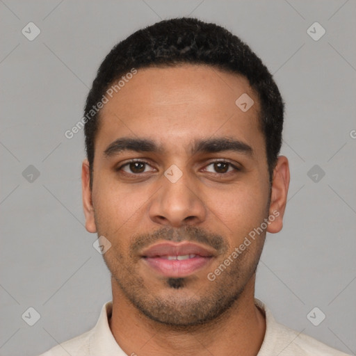 Neutral latino young-adult male with short  black hair and brown eyes