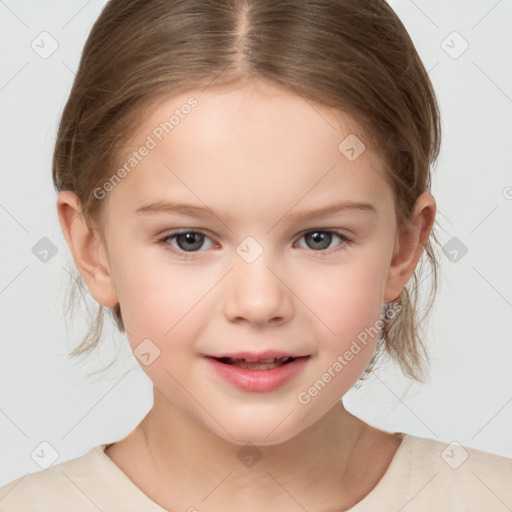 Joyful white child female with medium  brown hair and brown eyes