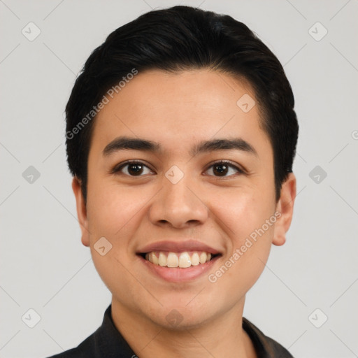 Joyful asian young-adult male with short  black hair and brown eyes