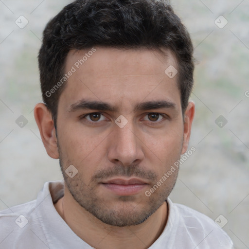 Neutral white young-adult male with short  brown hair and brown eyes