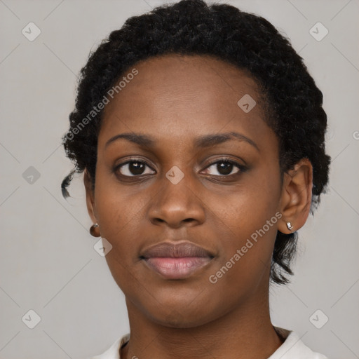 Neutral black young-adult female with short  black hair and brown eyes