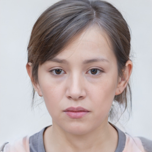 Neutral white young-adult female with medium  brown hair and grey eyes