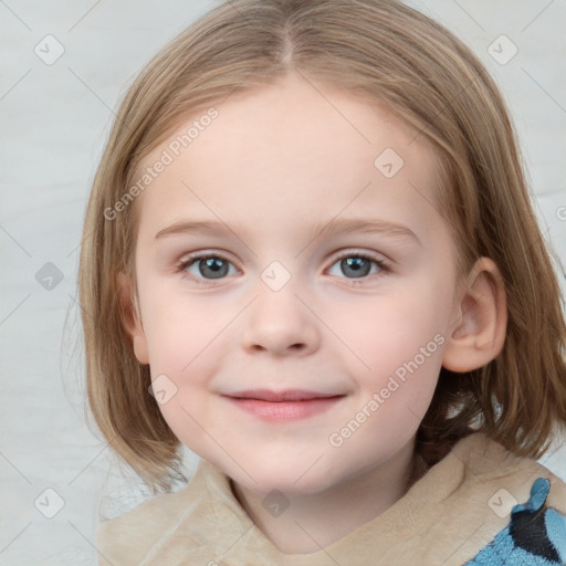 Joyful white child female with medium  brown hair and blue eyes