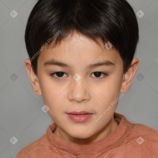 Joyful white child female with short  brown hair and brown eyes