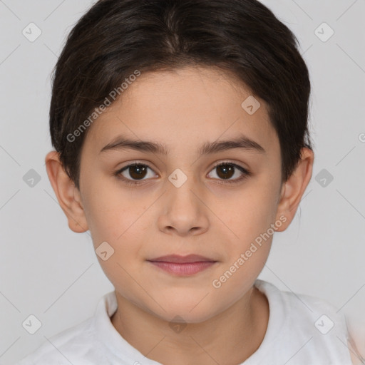 Joyful white child female with short  brown hair and brown eyes