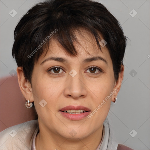 Joyful white adult female with medium  brown hair and brown eyes