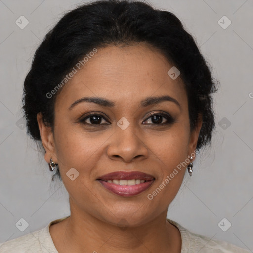 Joyful latino young-adult female with short  brown hair and brown eyes