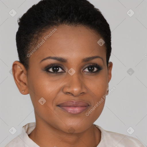 Joyful black young-adult female with short  brown hair and brown eyes