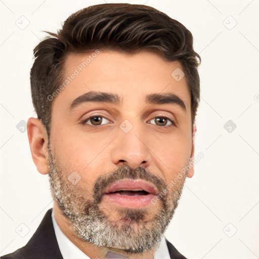 Neutral white adult male with short  brown hair and brown eyes