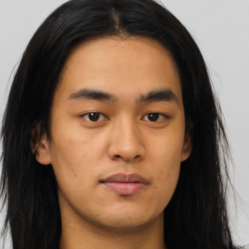 Neutral asian young-adult male with long  brown hair and brown eyes