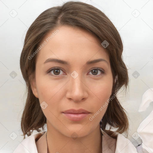 Neutral white young-adult female with medium  brown hair and brown eyes