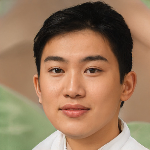 Joyful asian young-adult male with short  brown hair and brown eyes