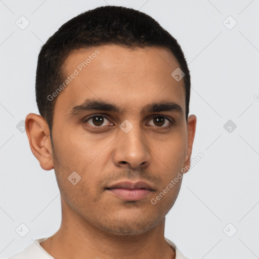 Neutral latino young-adult male with short  black hair and brown eyes