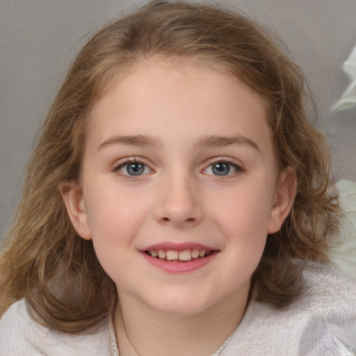 Joyful white child female with medium  brown hair and brown eyes