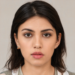 Neutral asian young-adult female with medium  black hair and brown eyes