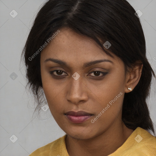 Neutral asian young-adult female with medium  brown hair and brown eyes