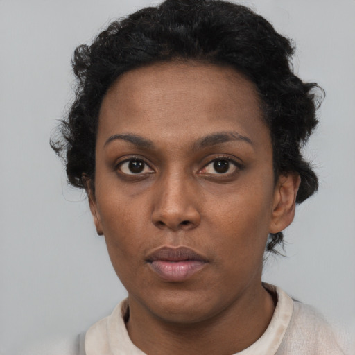 Neutral black young-adult female with short  black hair and brown eyes