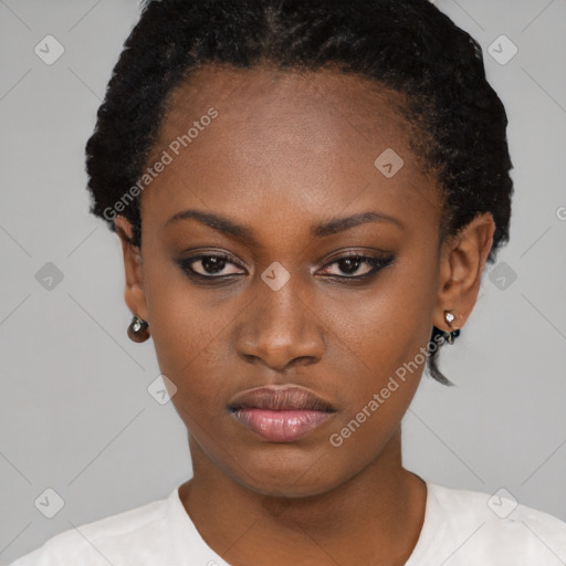 Neutral black young-adult female with short  black hair and brown eyes