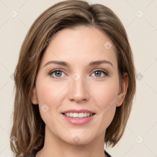 Joyful white young-adult female with medium  brown hair and green eyes