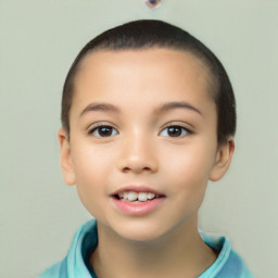 Joyful white child female with short  brown hair and brown eyes