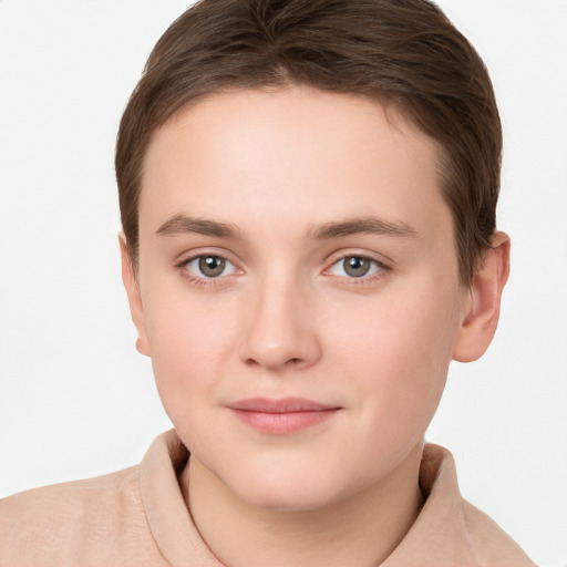 Neutral white young-adult female with short  brown hair and brown eyes