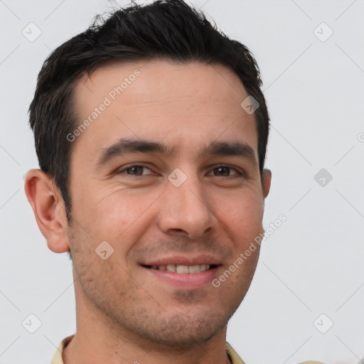 Joyful white young-adult male with short  brown hair and brown eyes