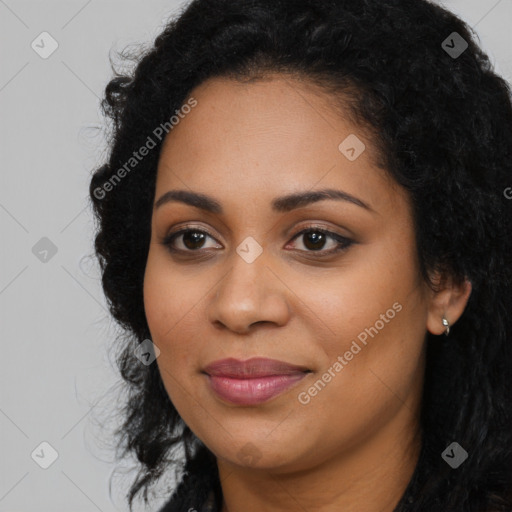 Joyful latino young-adult female with long  black hair and brown eyes