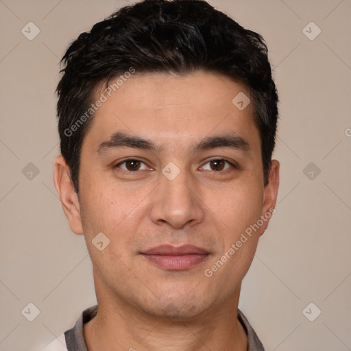 Joyful white young-adult male with short  black hair and brown eyes