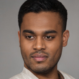 Joyful latino young-adult male with short  black hair and brown eyes