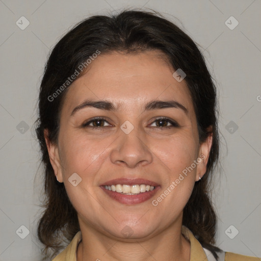 Joyful white young-adult female with medium  brown hair and brown eyes