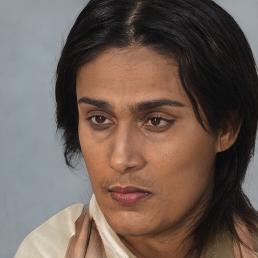 Neutral white adult female with medium  brown hair and brown eyes