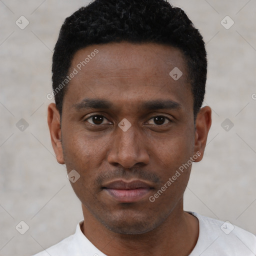 Neutral black young-adult male with short  black hair and brown eyes